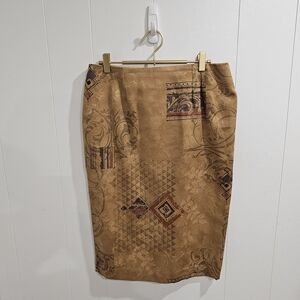 Vintage Tan Earth Tone Geometric Pattern Pencil Skirt Midi Retro Abstract Boho M